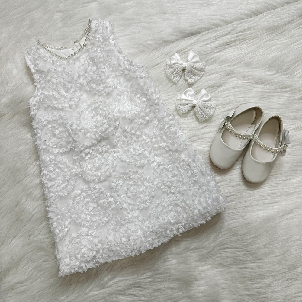 Girls Formal White Pearl Dress Shoes Hair Clip Complete Set, Size 3T